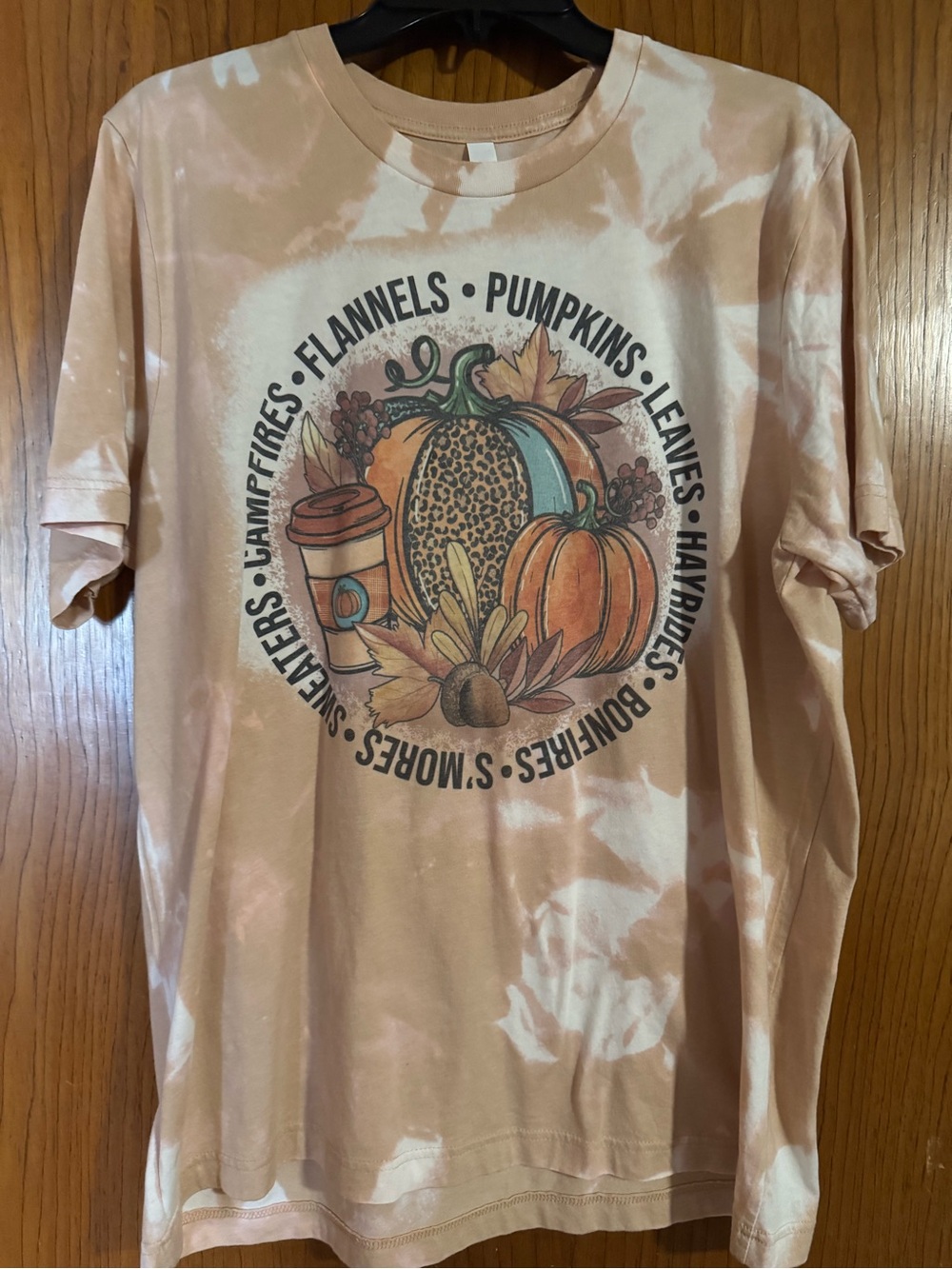 Bleached Peach Shirt with Fall Pumpkin Design XL